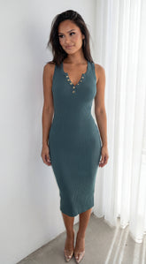 Milana Henley Ribbed Midi Dress - Hunter Green