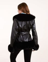 Panel Faux Fur Pu Belted Coat