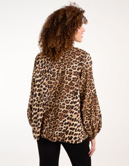 Leopard Print Shirred Front Tie Neck Blouse