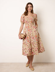 Milkmaid Floral Puff Sleeve Shirred Midi Dress