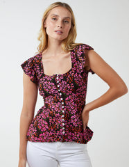 Button Front Floral Peplum Top