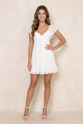 A-Line Ruched Chiffon Cap Sleeves Mini Dress in White