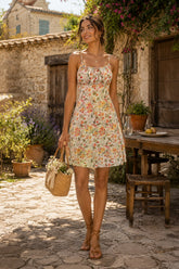 A-Line Scoop Neck Warm Rose Printed Cotton Mini Dress