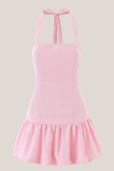 A-Line Vintage Halter Cotton Mini Dress in Pink