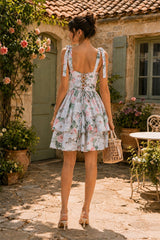 A-line Vintage Rose Printed Lace-up Cotton Mini Dress