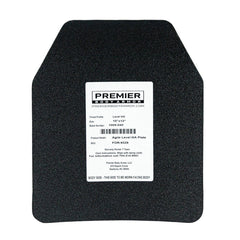A rectangular black Agile IIIA Speed Plate by Premier Body Armor, lightweight with angled top corners and a central white label displaying product information, specifications, and contact details. This Level IIIA armor plate is engineered to provide maximum protection while maintaining superior mobility.