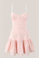 Appliqued Ruffled Sweetheart Cotton Mini Dress in Pink