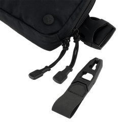 A close-up of the Vertx Everyday Fanny Pack 2.0 by Vertx shows its black zippered design with dual zipper pulls and a detachable black plastic looped attachment with geometric cutouts, all displayed against a white background.