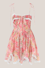 Asymmetric Warm Rose Print Cotton Mini Dress in Pink
