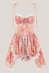 Asymmetric Warm Rose Print Cotton Mini Dress in Pink