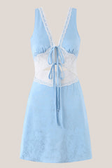 Blue V Neck Lace Cotton Sheath Mini Dress