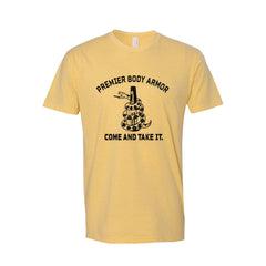 Premier Body Armor's Come and Take It T-Shirt available in yellow with black font.