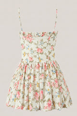 Cotton Spaghetti Straps Warm Rose Print Mini Dress in Pink