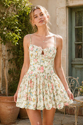 Cotton Spaghetti Straps Warm Rose Print Mini Dress in Pink