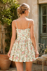 Cotton Spaghetti Straps Warm Rose Print Mini Dress in Pink