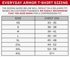 The Premier Body Armor Everyday Armor T-Shirt 360 (Armored) size chart ranges from XS (33-35") to 4XL (57"+). For a compression fit or 360° protection, size down. Sizes: XS-4XL, chest measurements in inches.