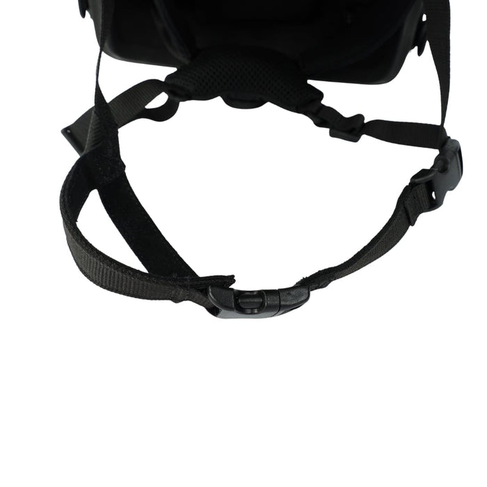 Close-up of the Premier Body Armor Fortis Ballistic Helmet Chin Strap Extender—gas mask compatible—showing its black adjustable strap with plastic buckle, attached to fabric against a white background.