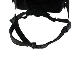 Close-up of the Premier Body Armor Fortis Ballistic Helmet Chin Strap Extender—gas mask compatible—showing its black adjustable strap with plastic buckle, attached to fabric against a white background.