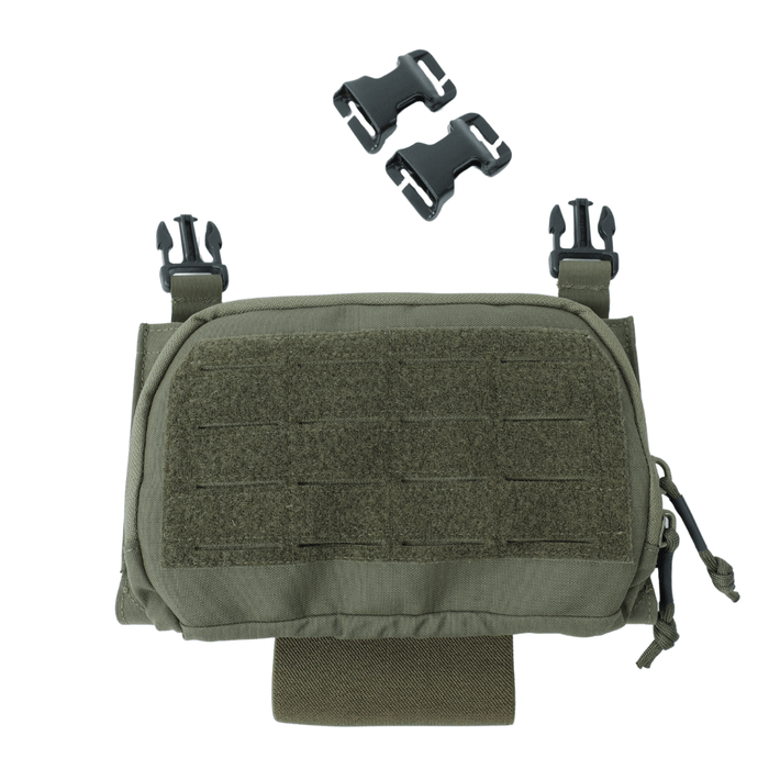 The Premier Body Armor Fortis Pro Placard (556/39) is a green tactical pouch with front MOLLE webbing, two black buckles on top plus two extra buckle pieces—perfect as an AR-15 magazine placard for secure Kydex mag retention, shown on a white background.
