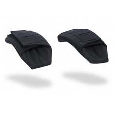 Two black Fortis Shoulder Pads by Premier Body Armor, featuring flap closures, hang against a white background. Each padded fabric pouch displays visible stitching along the top and casts a soft shadow below. Special discounts for military, law enforcement, and first responders are available to eligible customers.