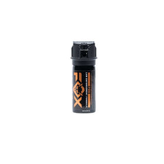A 1.5oz black canister of Fox Labs One Point Four police-strength pepper spray with orange and white “FOX” and “Mean Green” labels, shown on a plain white background.