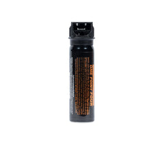The Fox Labs One Point Four 3oz Pepper Spray, a black canister with orange text and closed cap, stands upright against a white background. Police strength with safety instructions printed on the container.