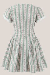 Green Short Sleeves Vintage Rose Printed Cotton Mini Dress