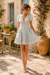 Green Short Sleeves Vintage Rose Printed Cotton Mini Dress