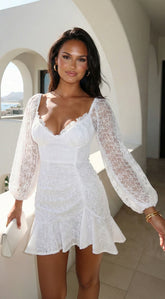 Nerano Lace Ruffle Asymmetric Mini Dress - White