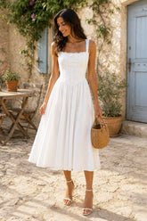 Lace Corset A-Line Cotton Midi Dress in White