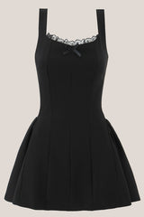 Lace Scoop Neck A-Line Cotton Mini Dress in Black