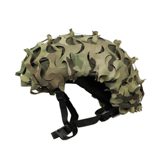 The OPE Gear Helmet Scrim is a Multicam helmet cover by OPE Gear, with irregular leaf-shaped pieces for camouflage. It fits over your helmet and works well with black chin straps and plastic buckles.