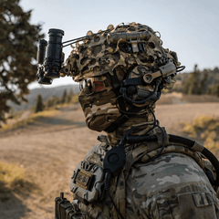 Camouflage military helmet with attached equipment and camo scrim in a natural setting