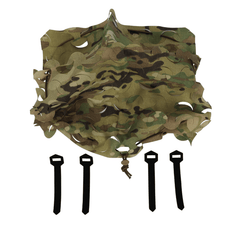 The OPE Gear Helmet Scrim - Camo Helmet Cover from OPE Gear, featuring irregular cutouts and a drawstring bottom, is shown above four black attachment straps arranged in a row.