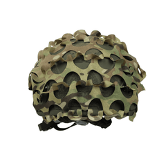 The OPE Gear Helmet Scrim - Camo Helmet Cover by OPE Gear features a cut-out, net-like pattern, adjustable straps, and a camouflaged surface for enhanced concealment. Viewed from the front and above, it showcases tactical style and function.