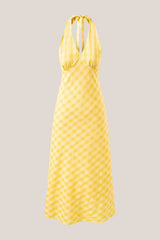 Plunge A-Line Vintage Plaid Printed Midi Dress in Yellow