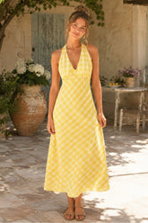 Plunge A-Line Vintage Plaid Printed Midi Dress in Yellow
