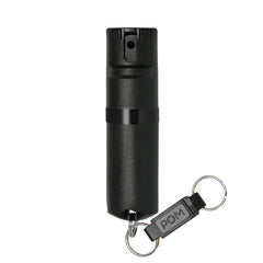 The POM Keychain Pepper Spray by POM is a small black compact canister with a keychain attachment, displayed against a plain white background.