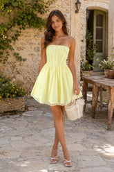 Ruffled A-Line Strapless Cotton Mini Dress in Yellow