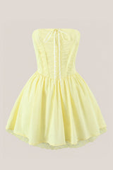 Ruffled A-Line Strapless Cotton Mini Dress in Yellow