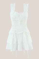 Ruffled Drawstring Pleated Warm White Square Neck Cotton Mini Dress in White