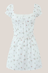 Ruffled Short Sleeves A-Line Vintage Rose Printed Cotton Mini Dress