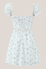 Ruffled Short Sleeves A-Line Vintage Rose Printed Cotton Mini Dress