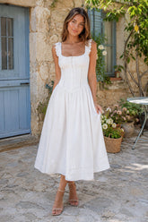 Ruffled Square Neck A-Line Cotton Midi Dress in White