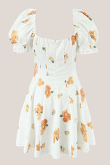 Ruffled Square Neck Warm Rose Print Cotton Mini Dress in White