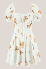 Ruffled Square Neck Warm Rose Print Cotton Mini Dress in White