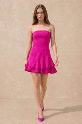 Ruffled Strapless A-Line Mini Dress in Fuchsia