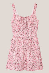 Scoop Neck Vintage Rose Printed Cotton Mini Dress in Pink