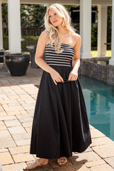 Timeless Style Striped Strapless Black Maxi Dress