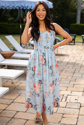 Calm And Composed Blue Floral Smocked Midi Dress